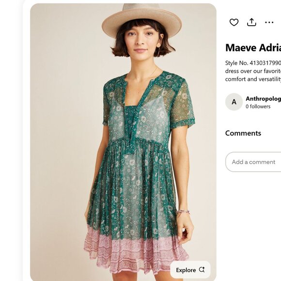 Anthropologie Maeve Mini Dress Small Tunic Sheer Dainty Cottagecore Floral Pleat - Picture 1 of 14